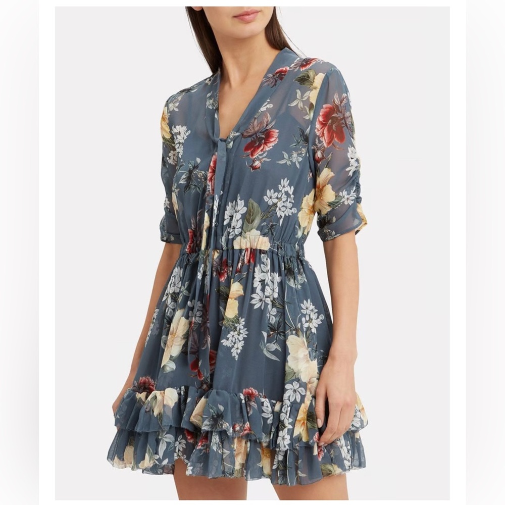 NICHOLAS Slate Chiffon Mini Slate Floral Printed Dress‎